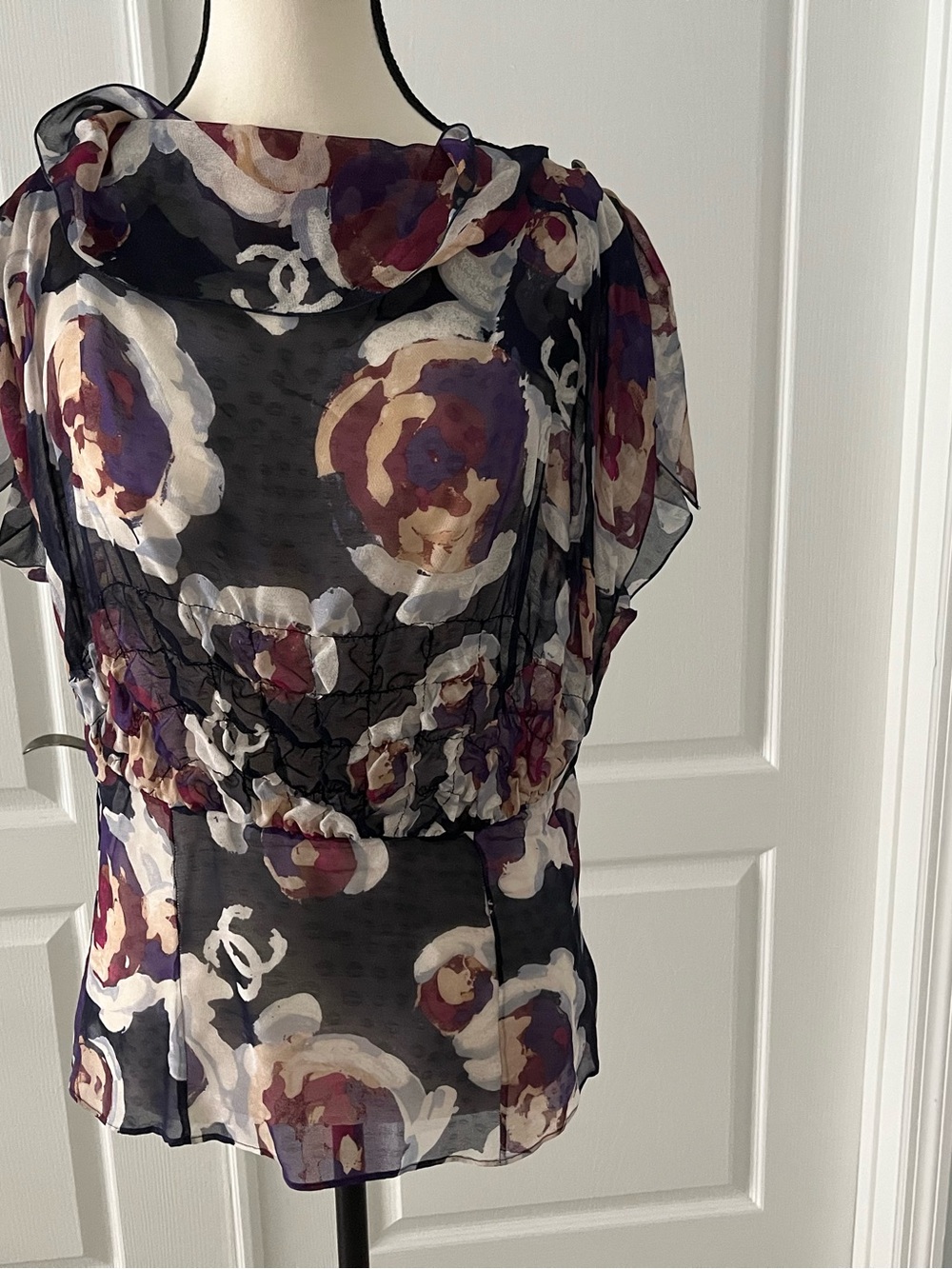 Chanel Vintage Multicolor Printed Sheer Chiffon Dress FR 38 Made in France